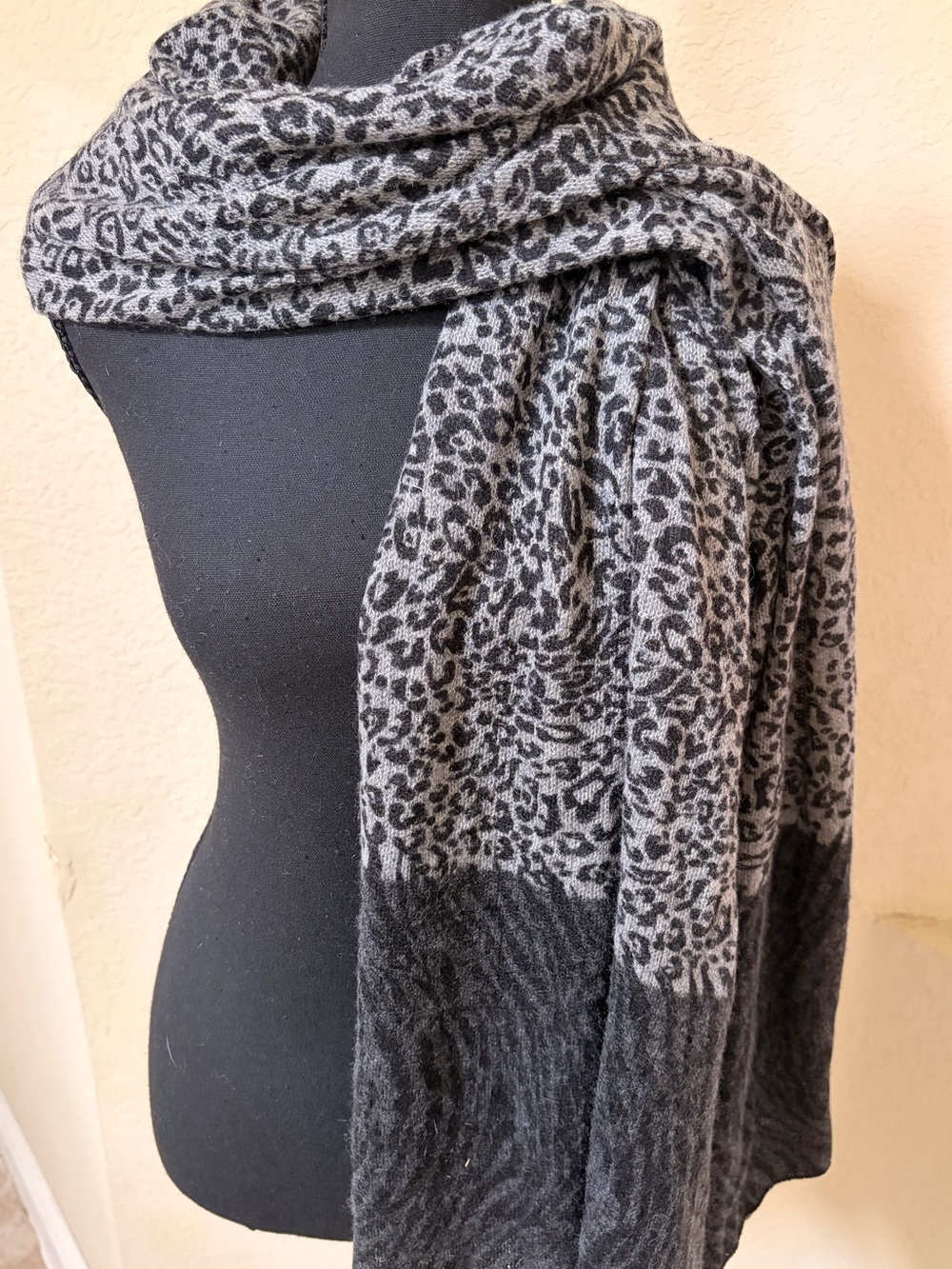 InCashmere Gray and Black Leopard Print Wrap Scarf